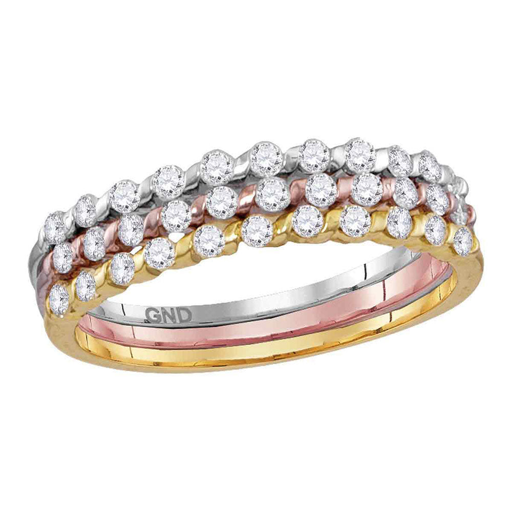 10kt Tri-Tone Gold Womens Round Diamond 3-Piece Stackable Band Ring 1/2 Cttw