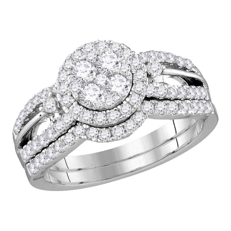 14kt White Gold Round Diamond Cluster Bridal Wedding Ring Band Set 1 Cttw