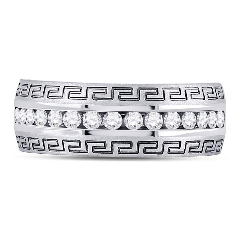 14kt White Gold Mens Round Diamond Greek Key Single Row Wedding Band Ring 1/2 Cttw