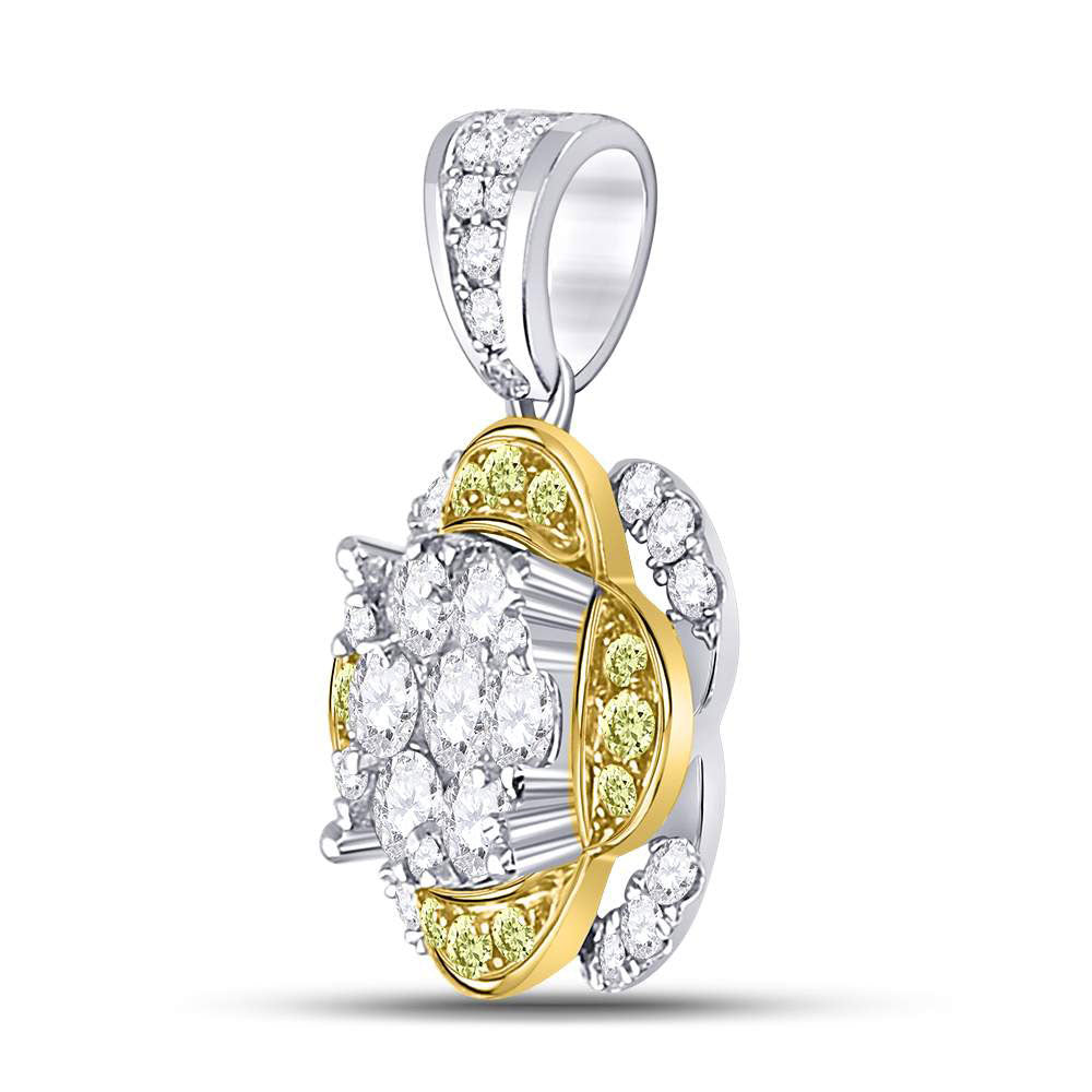 14kt White Gold Womens Round Yellow Diamond Flower Cluster Pendant 1 Cttw