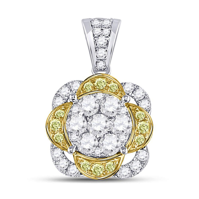 14kt White Gold Womens Round Yellow Diamond Flower Cluster Pendant 1 Cttw