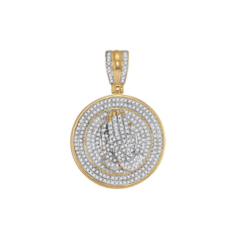 10kt Yellow Gold Mens Round Diamond Praying Prayer Hands Medallion Charm Pendant 7/8 Cttw