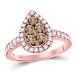 14kt Rose Gold Womens Round Brown Diamond Teardrop Cluster Ring 1 Cttw