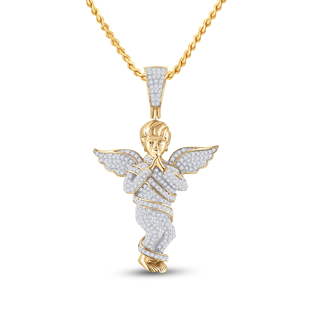 10kt Yellow Gold Mens Round Diamond Praying Angel Wings Charm Pendant 7/8 Cttw