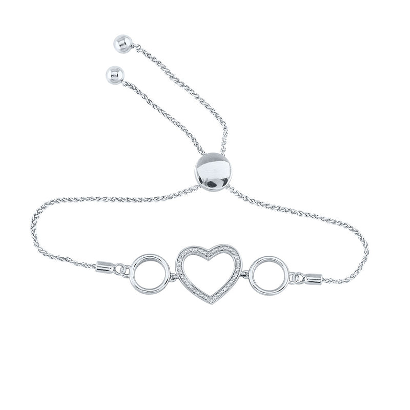 Sterling Silver Womens Round Diamond Heart Bolo Bracelet 1/20 Cttw