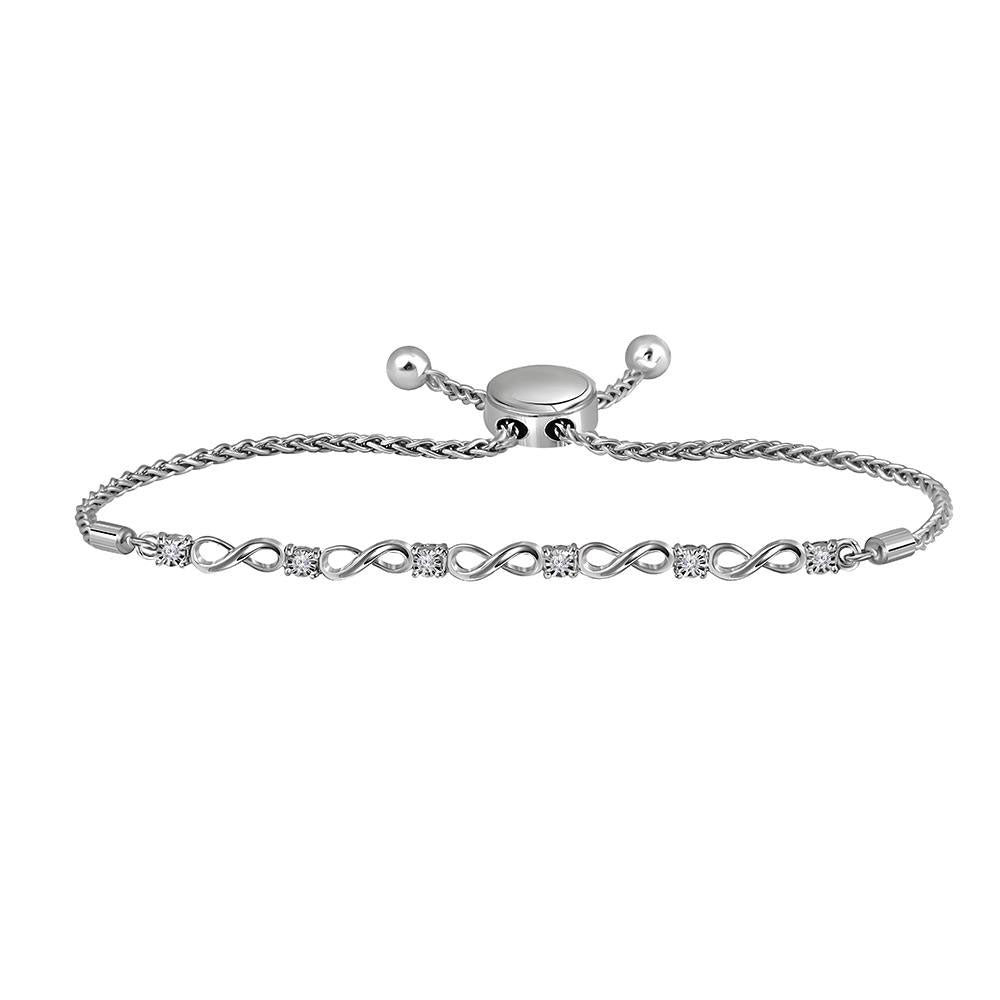 Sterling Silver Womens Round Diamond Infinity Bolo Bracelet 1/20 Cttw