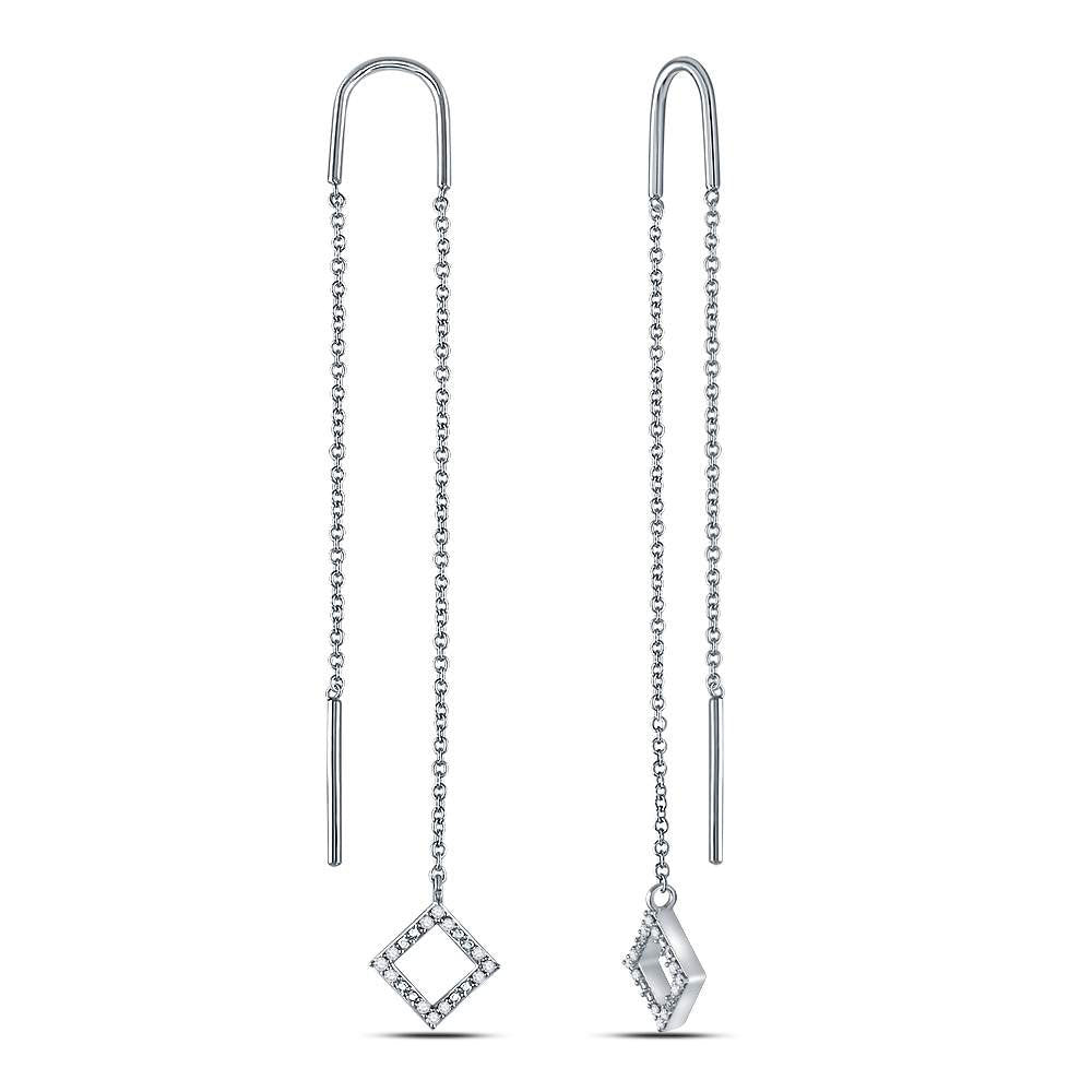 10kt White Gold Womens Round Diamond Threader Square Dangle Earrings 1/10 Cttw