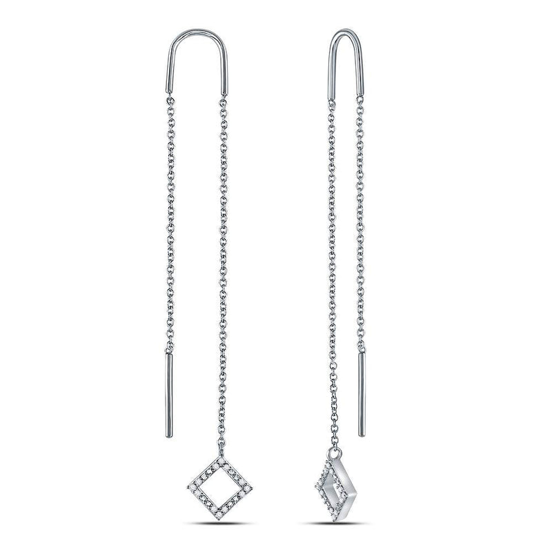 10kt White Gold Womens Round Diamond Threader Square Dangle Earrings 1/10 Cttw