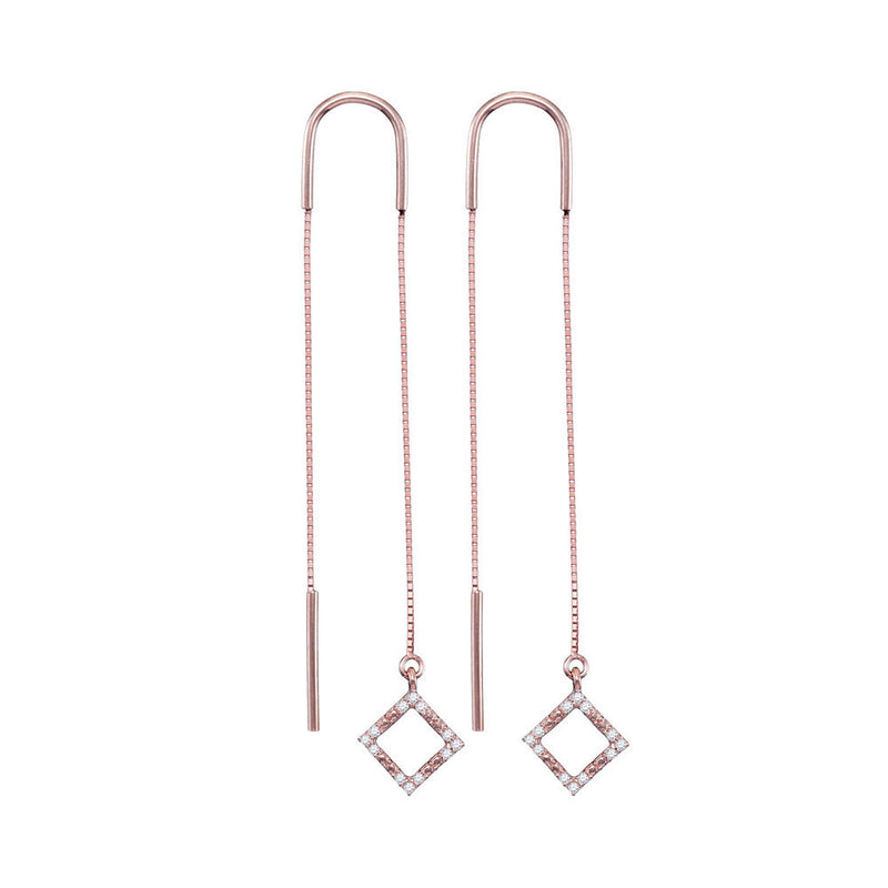 10kt Rose Gold Womens Round Diamond Diagonal Square Dangle Threader Earrings 1/10 Cttw