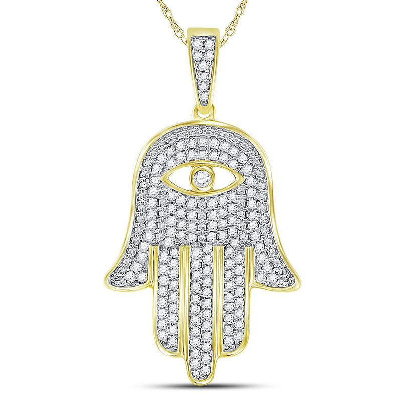 10kt Yellow Gold Mens Round Diamond Eye of Fatima Hamsa Hand Charm Pendant 1/2 Cttw