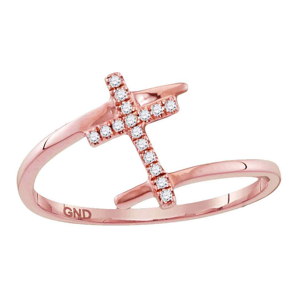 10kt Rose Gold Womens Round Diamond Bypass Cross Ring 1/12 Cttw