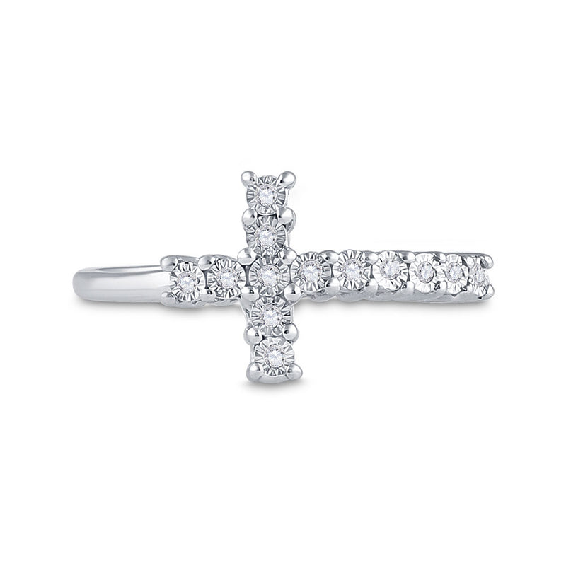 Sterling Silver Womens Round Diamond Cross Ring 1/20 Cttw