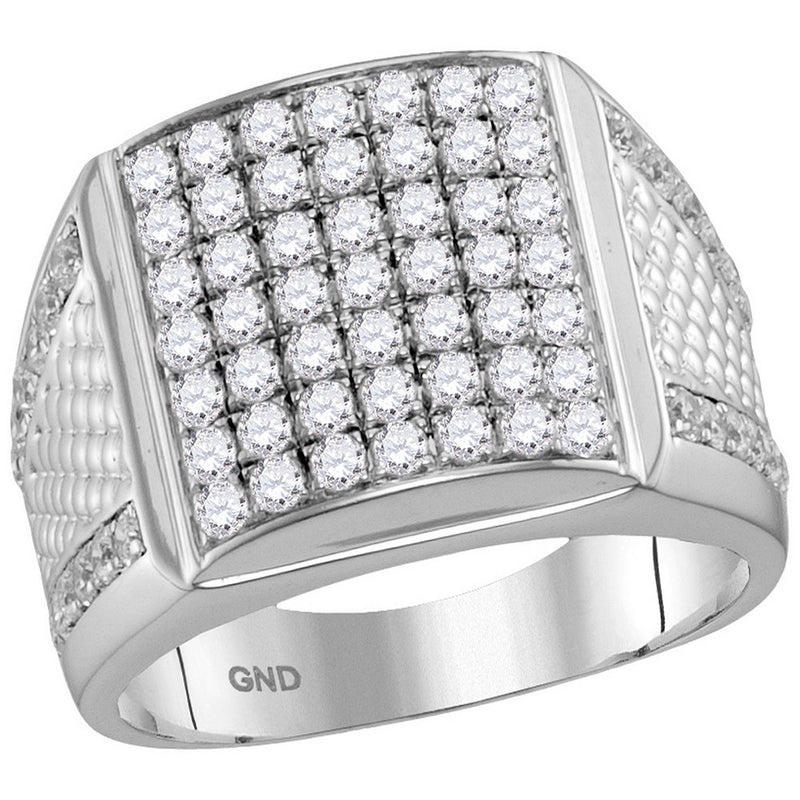 10kt White Gold Mens Round Pave-set Diamond Square Cluster Textured Ring 2-1/4 Cttw