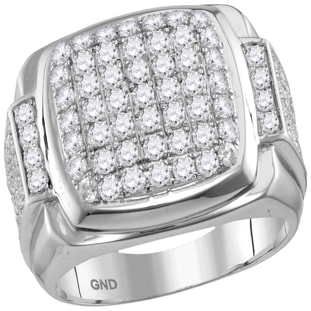 10kt White Gold Mens Round Diamond Square Symmetrical Cluster Ring 2-5/8 Cttw