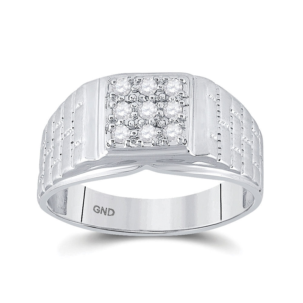 10kt White Gold Mens Round Diamond Square Cluster Brick Ring 1/4 Cttw