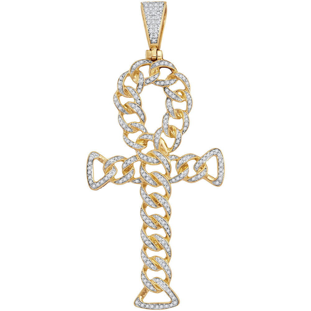 10kt Yellow Gold Mens Round Diamond Ankh Cross Cuban Link Charm Pendant 7/8 Cttw