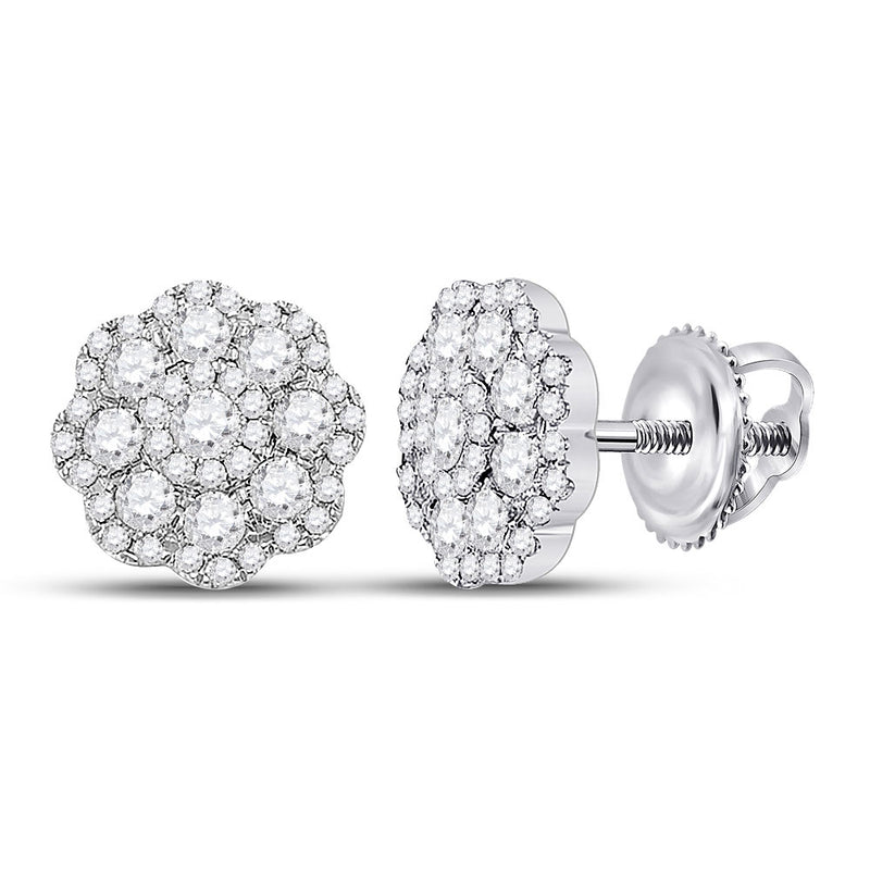 14kt White Gold Womens Round Diamond Flower Cluster Earrings 1 Cttw