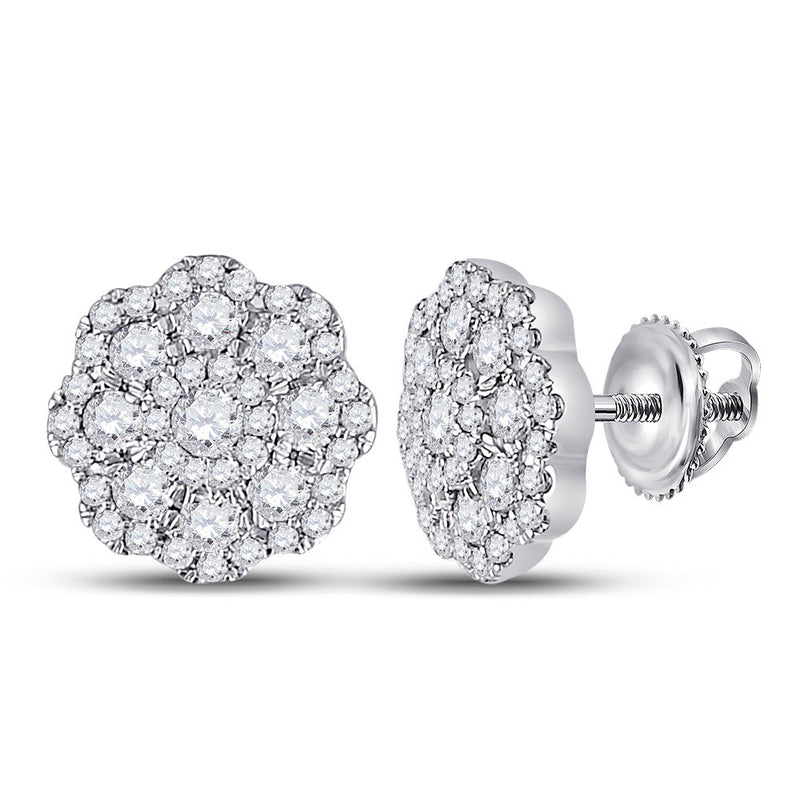 14kt White Gold Womens Round Diamond Flower Cluster Earrings 3/4 Cttw