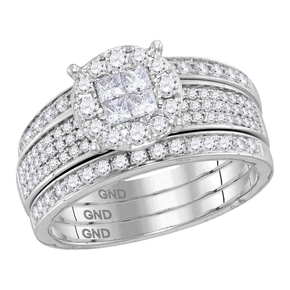 14kt White Gold Princess Round Diamond Bridal Wedding Ring Band Set 1 Cttw