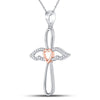 Sterling Silver Rose-tone Womens Round Diamond Angel Cross Pendant 1/8 Cttw