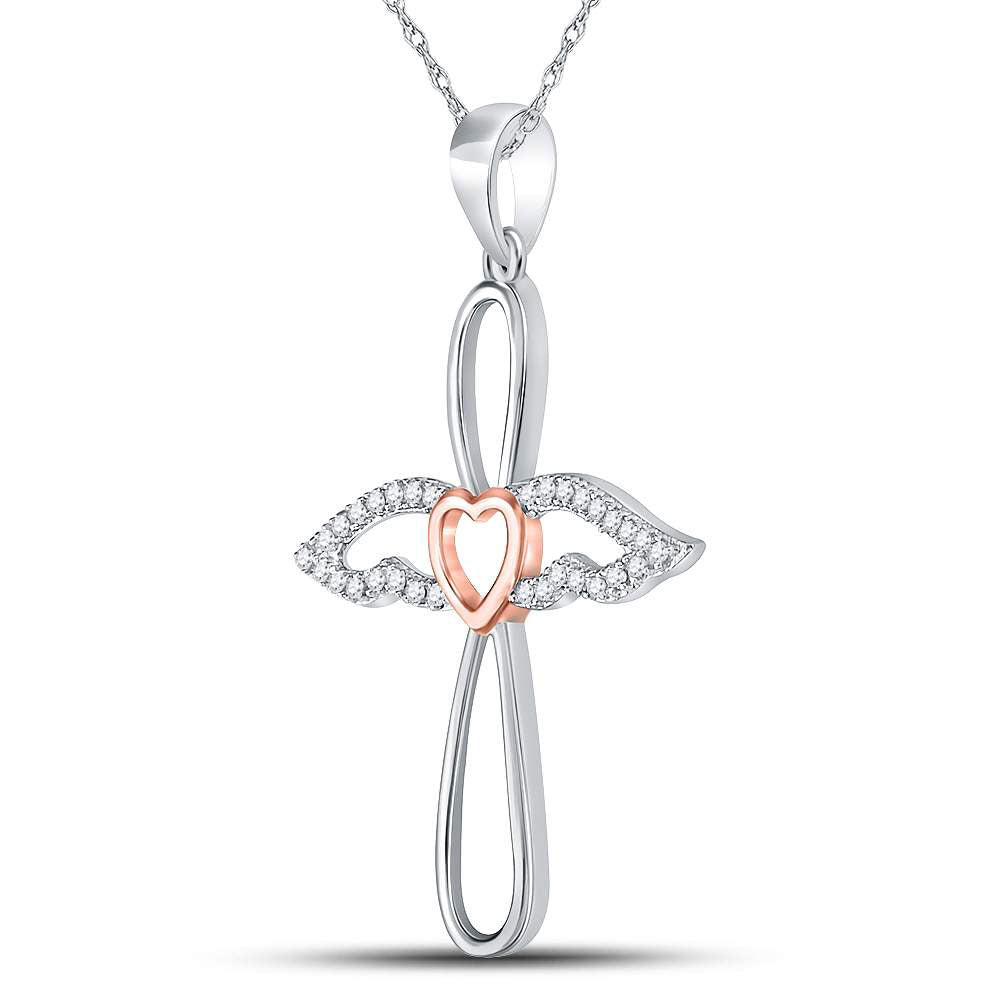 Sterling Silver Rose-tone Womens Round Diamond Angel Cross Pendant 1/8 Cttw