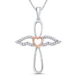 Sterling Silver Rose-tone Womens Round Diamond Angel Cross Pendant 1/8 Cttw