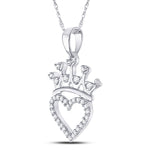 Sterling Silver Womens Round Diamond Crown Heart Pendant 1/10 Cttw