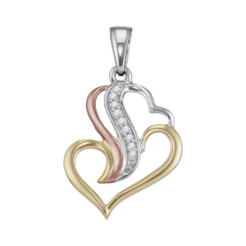 Triple-tone Sterling Silver Womens Round Diamond Heart Pendant 1/20 Cttw