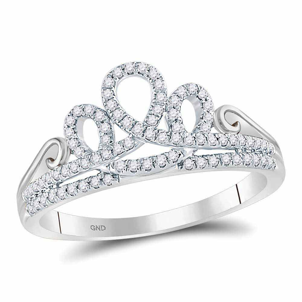 10kt White Gold Womens Round Diamond Crown Tiara Fashion Ring 1/5 Cttw