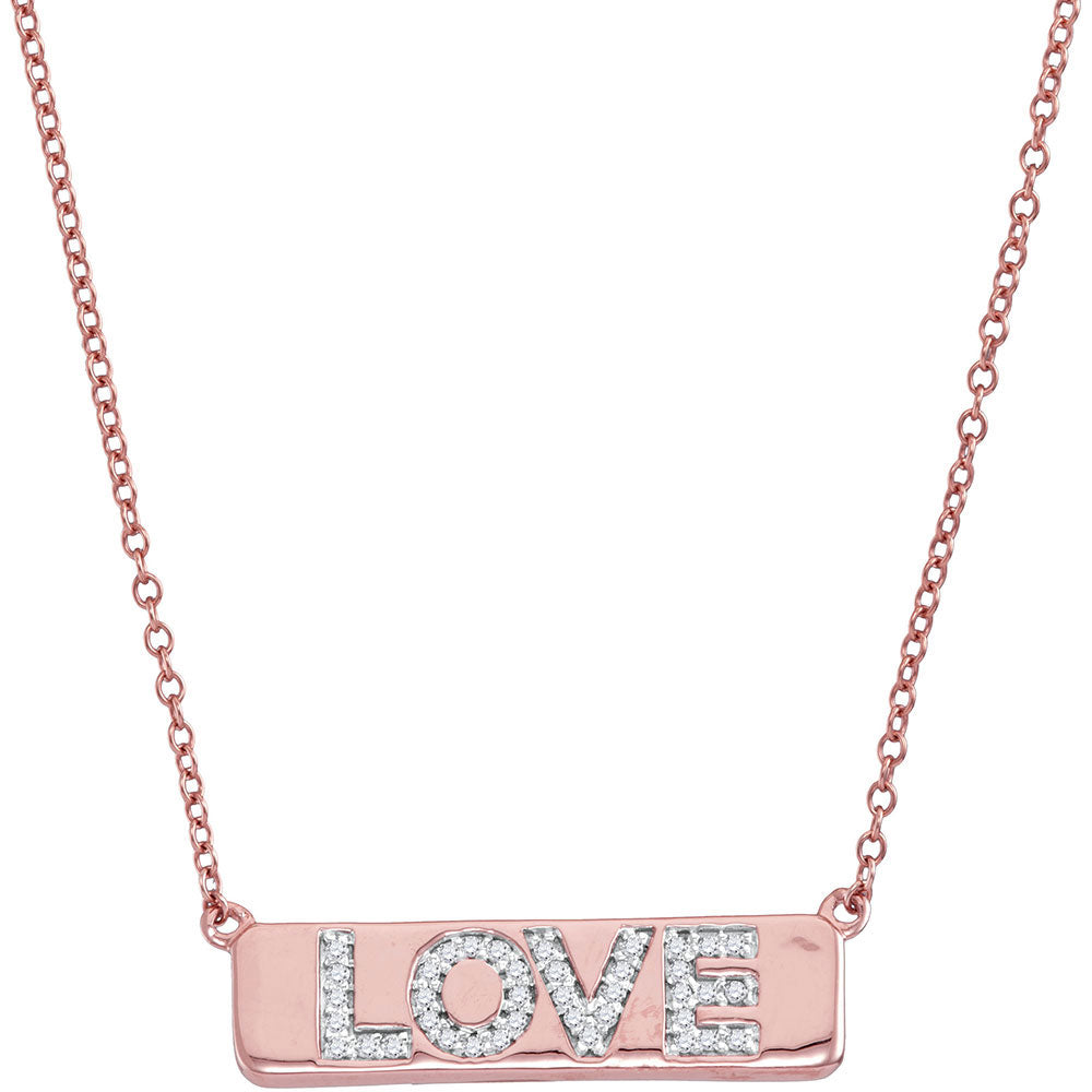 10kt Rose Gold Womens Round Diamond Pink Love Bar Pendant Necklace with 18" Chain 1/8 Cttw