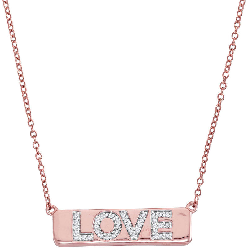 10kt Rose Gold Womens Round Diamond Pink Love Bar Pendant Necklace with 18" Chain 1/8 Cttw