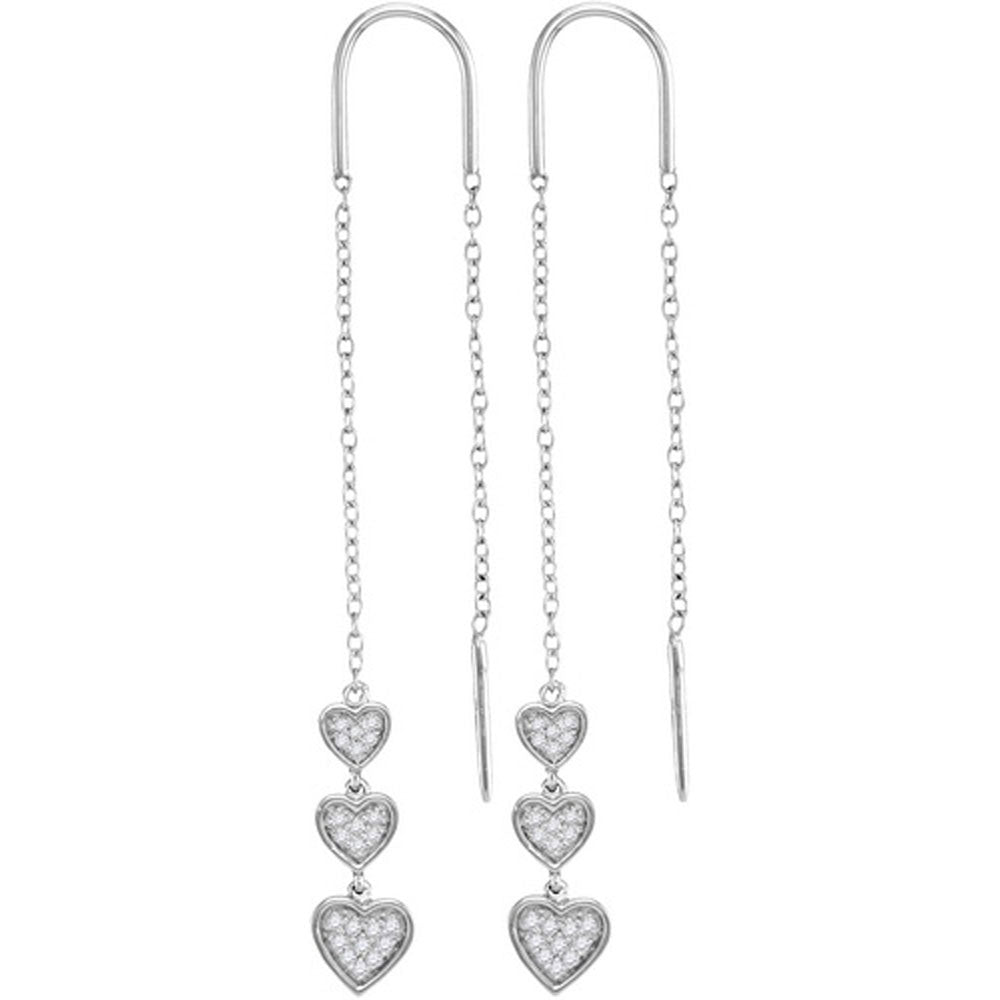 10kt White Gold Womens Round Diamond Triple Dangling Heart Threader Earrings 1/5 Cttw