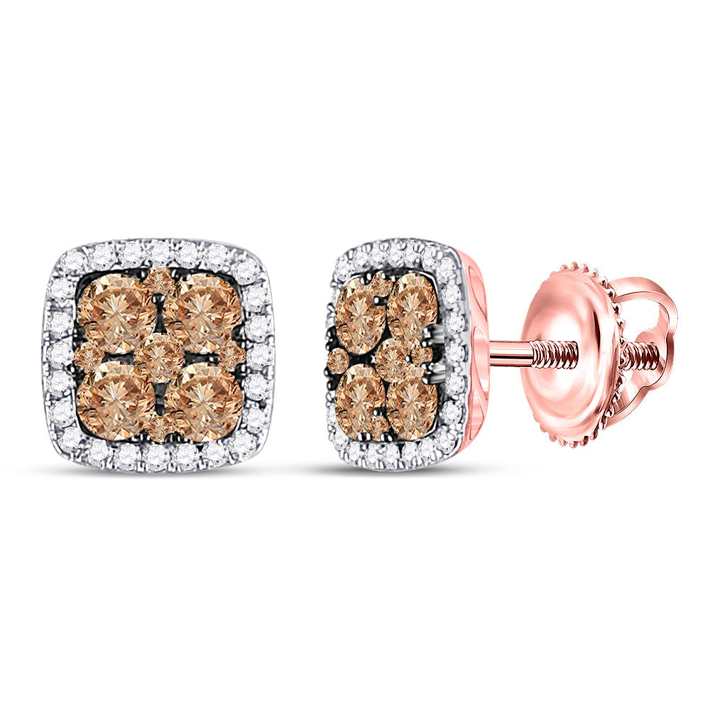 14kt Rose Gold Womens Round Brown Diamond Square Cluster Earrings 1 Cttw