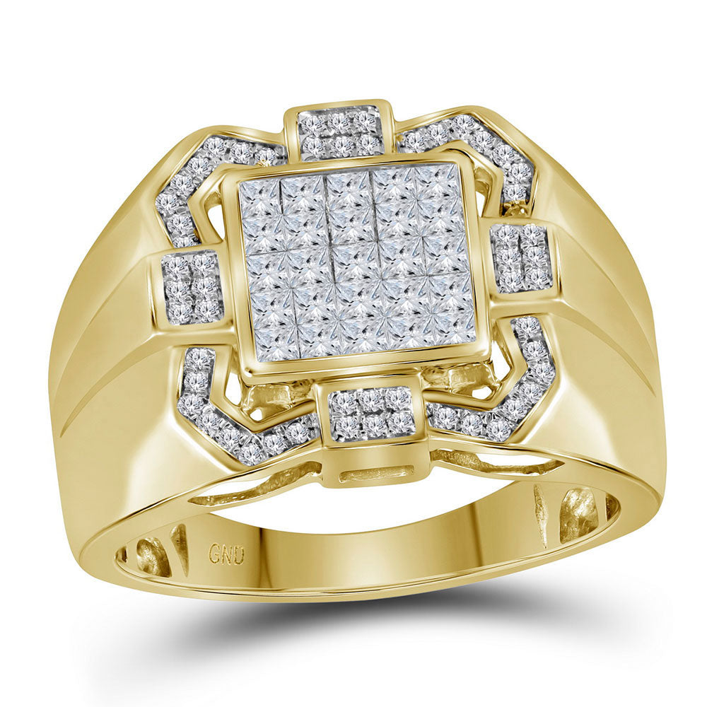 10kt Yellow Gold Mens Princess Diamond Octagon Cluster Ring 1 Cttw