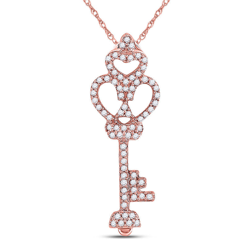 10kt Rose Gold Womens Round Diamond Trefoil Heart Key Pendant 1/5 Cttw