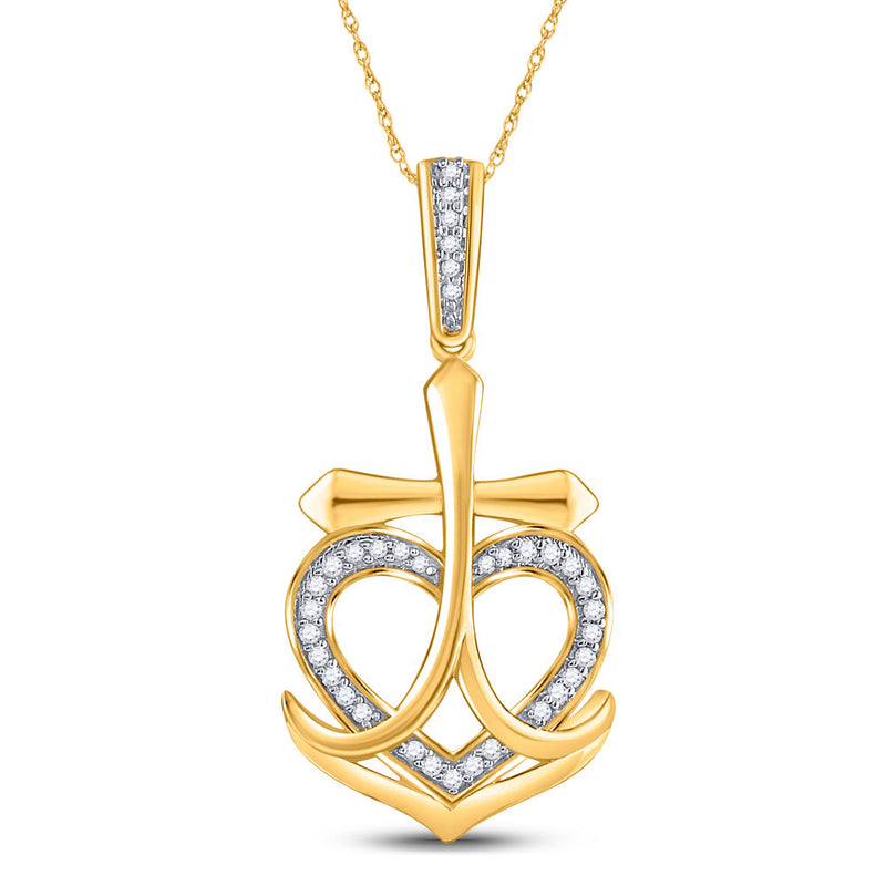 10kt Yellow Gold Womens Round Diamond Heart Cross Anchor Pendant 1/10 Cttw