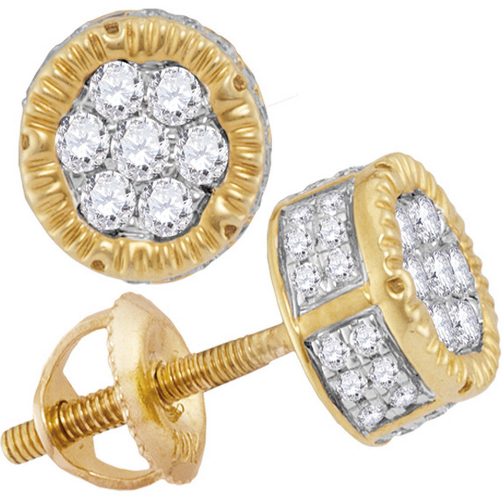 10kt Yellow Gold Mens Round Diamond 3D Circle Cluster Stud Earrings 1/2 Cttw