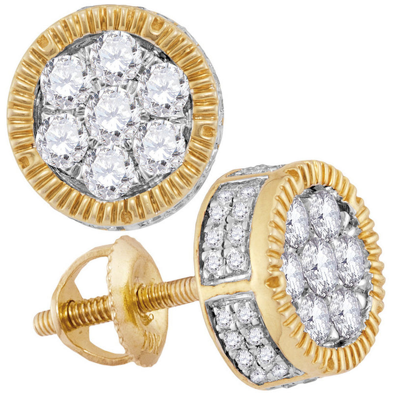 10kt Yellow Gold Mens Mens Unisex Round Diamond Cluster Milgrain Earrings 7/8 Cttw