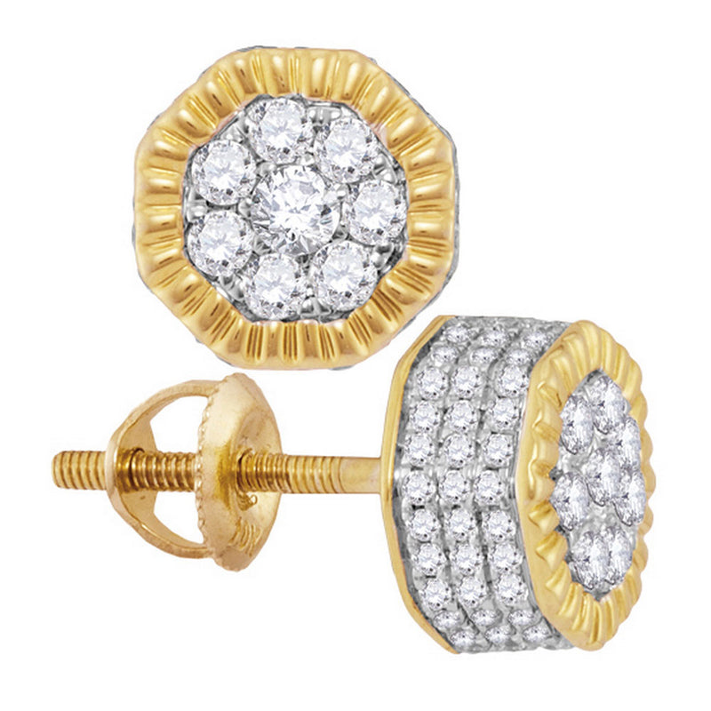 10kt Yellow Gold Mens Round Diamond Fluted Hexagon Cluster Stud Earrings 3/4 Cttw