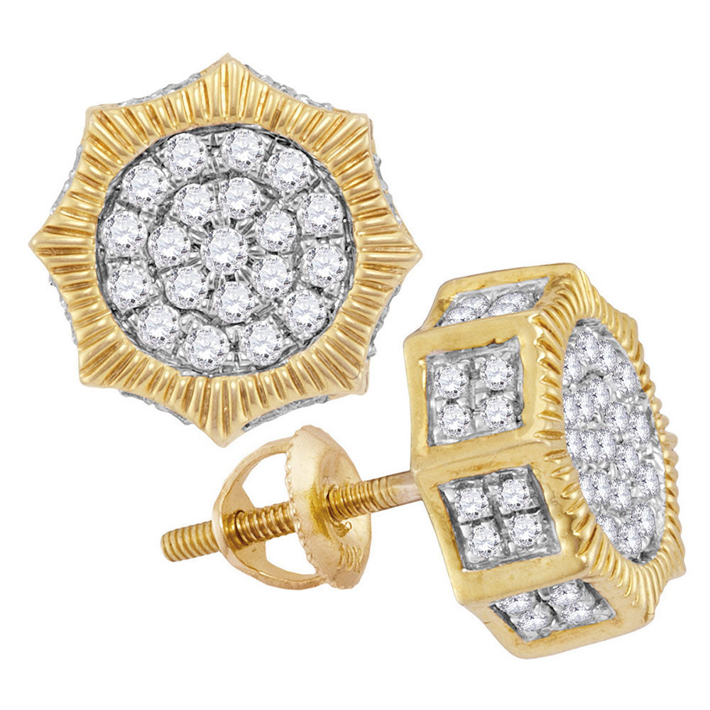 10kt Yellow Gold Mens Round Diamond Starburst 3D Cluster Stud Earrings 3/4 Cttw