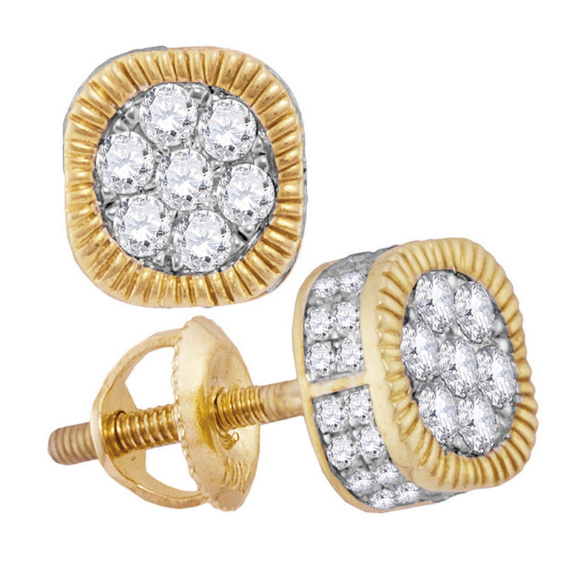 10kt Yellow Gold Mens Round Diamond Fluted Flower Cluster Earrings 1 Cttw