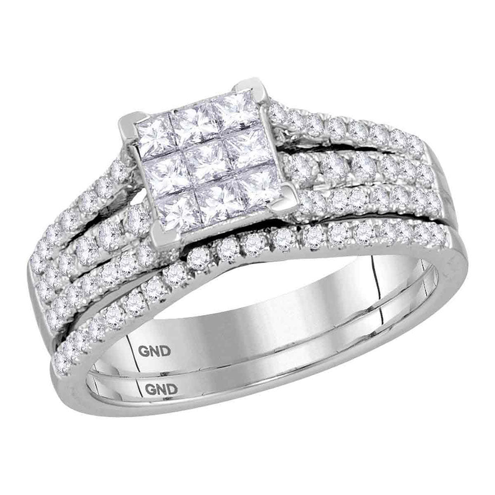 14kt White Gold Princess Diamond Cluster Bridal Wedding Ring Band Set 1 Cttw