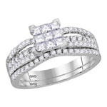 14kt White Gold Princess Diamond Cluster Bridal Wedding Ring Band Set 1 Cttw