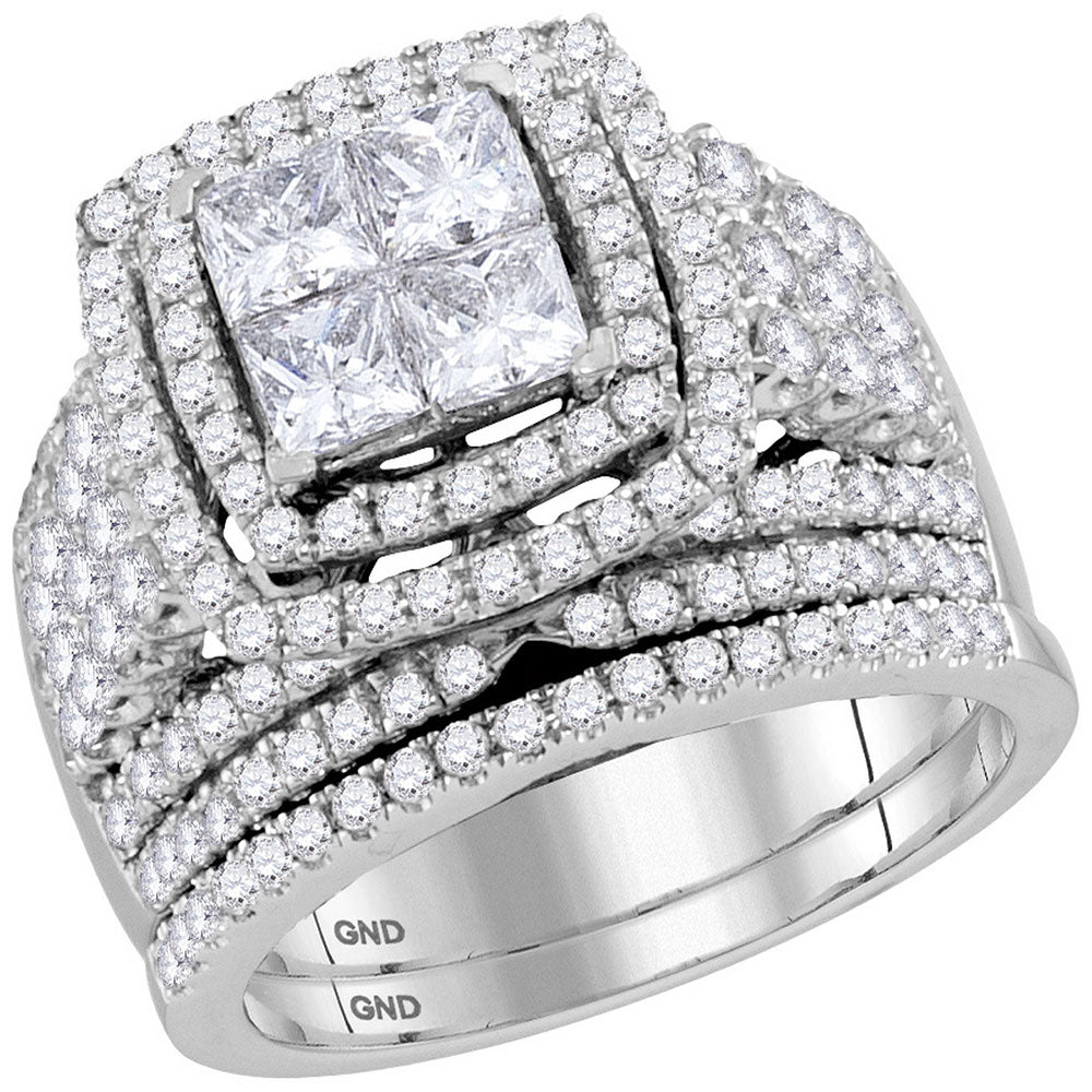 14kt White Gold Princess Diamond Halo Bridal Wedding Ring Band Set 3 Cttw