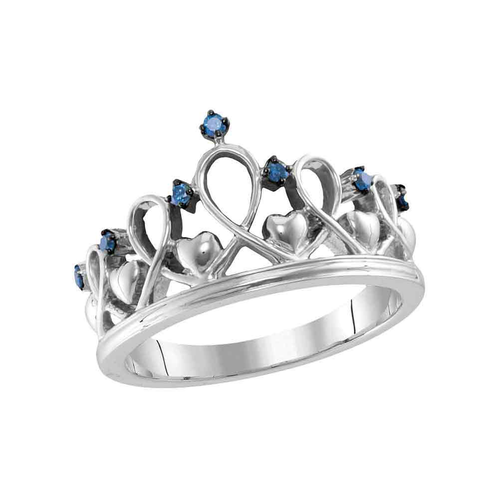 Sterling Silver Womens Round Blue Color Enhanced Diamond Crown Tiara Ring 1/10 Cttw