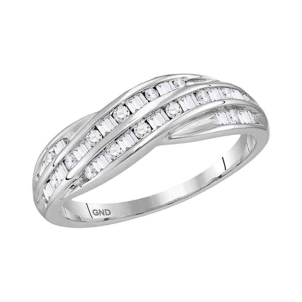 10kt White Gold Womens Round Baguette Diamond Crossover Band Ring 1/3 Cttw