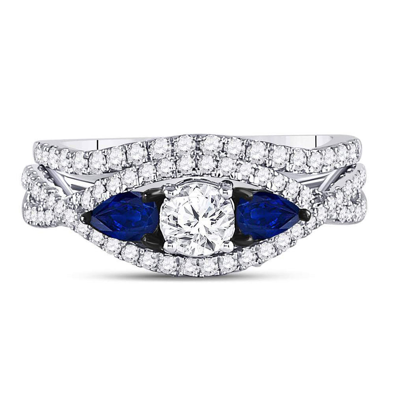 14kt White Gold Round Diamond Blue Sapphire Bridal Wedding Ring Set 1-3/8 Cttw