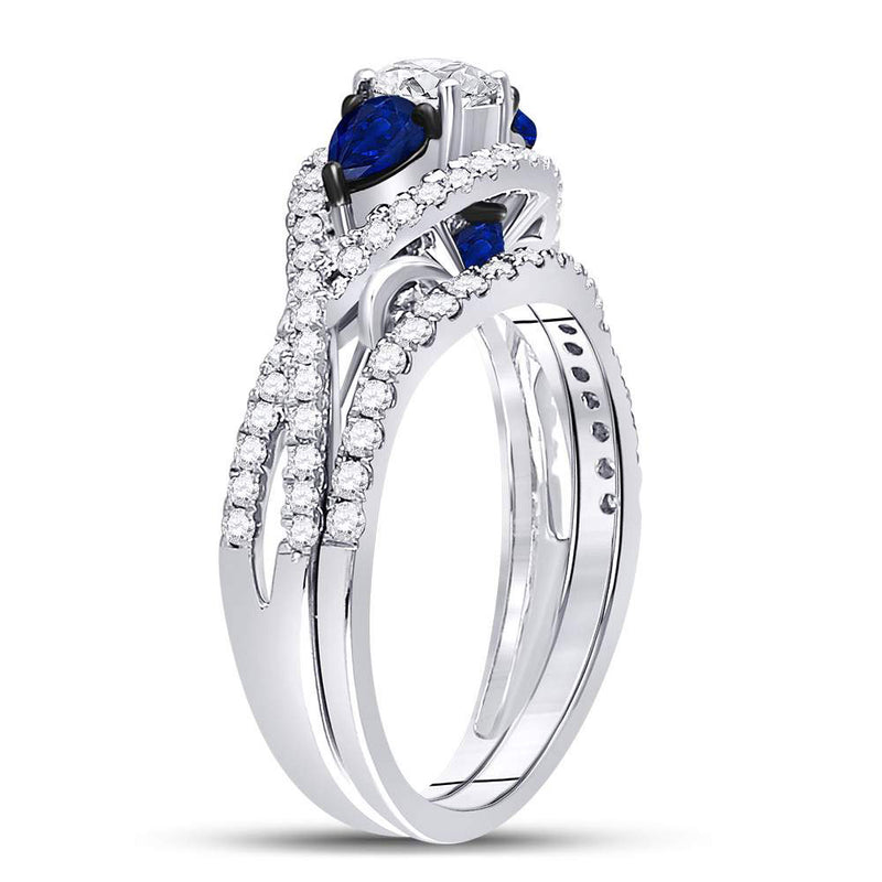 14kt White Gold Round Diamond Blue Sapphire Bridal Wedding Ring Set 1-3/8 Cttw