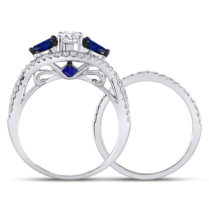 14kt White Gold Round Diamond Blue Sapphire Bridal Wedding Ring Set 1-3/8 Cttw