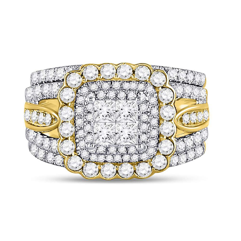 14kt Yellow Gold Princess Diamond Bridal Wedding Ring Band Set 2 Cttw